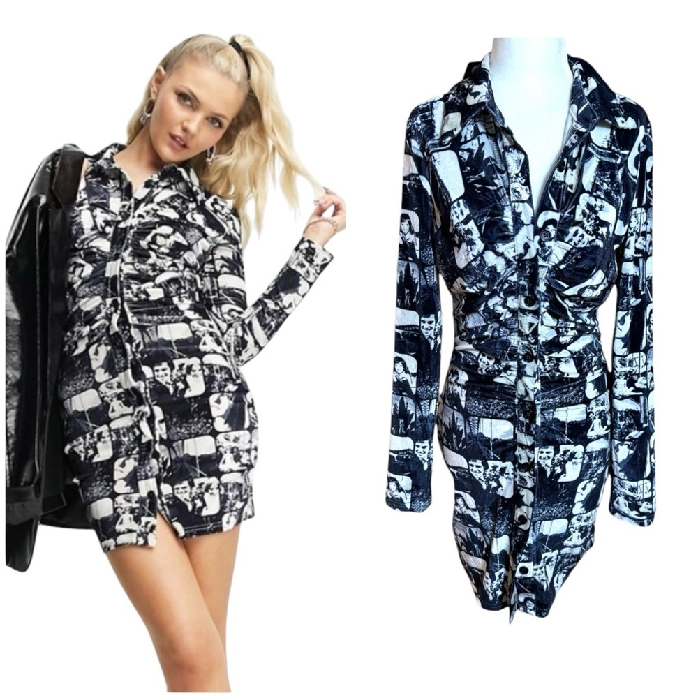 ASOS Heartbreak Velvet Retro shirt dress mono photographic print Sz L NWT